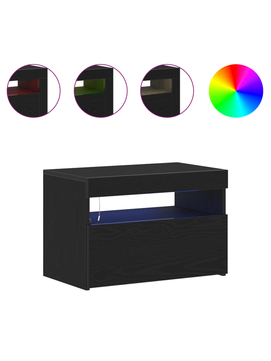 Yöpöytä led-valoilla, musta tammi 60x35x40 cm, keinotettu puu