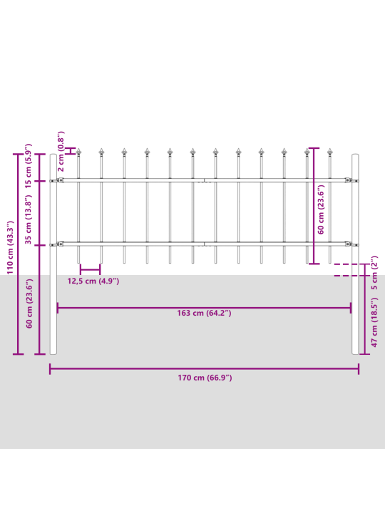 Puutarhapiha, kärkipaalut harmaa 6,8x0,6 m teräksestä