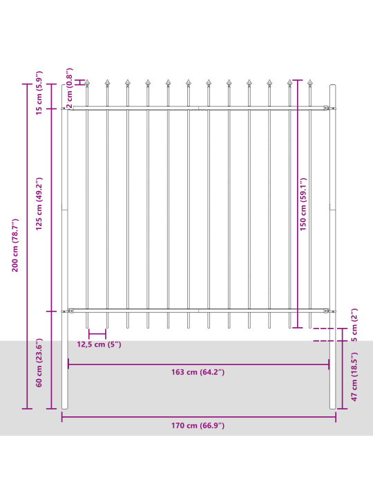 Puutarhakaide Piikkikärjellä Harmaa 6,8x1,5 m Teräs