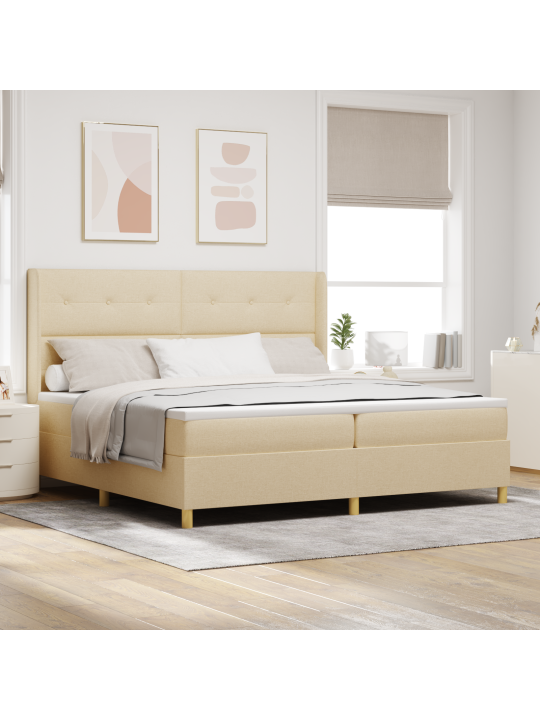 Box spring -sänky patjan kanssa ja led-valoilla, kerma 200x200 cm kangasta
