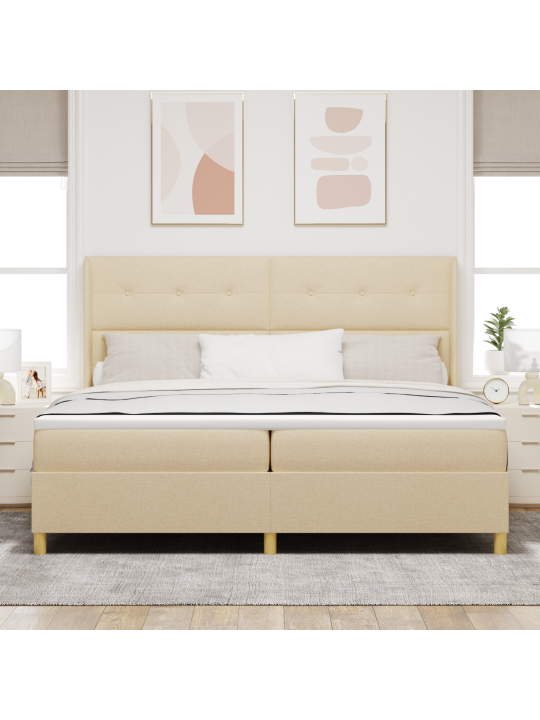 Box spring -sänky patjan kanssa ja led-valoilla, kerma 200x200 cm kangasta