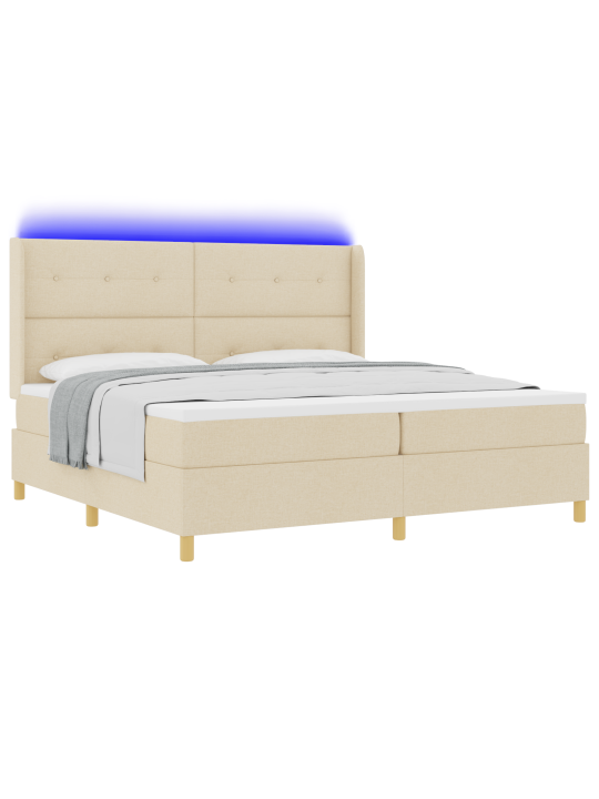 Box spring -sänky patjan kanssa ja led-valoilla, kerma 200x200 cm kangasta