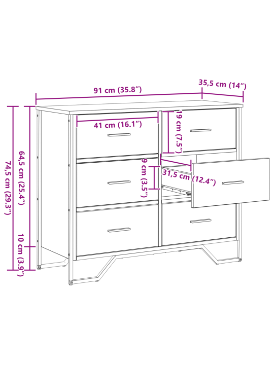 Laatikkokomero käsityöläisten tammi 91x35.5x74.5 cm insinööripuuta