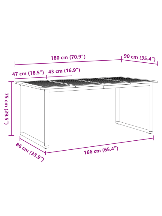 Ulkoilma ruokapöytä harmaa 180x90x75 cm teräs ja massiivipuusta akasia