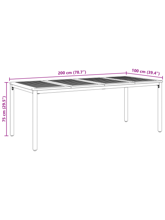 Puutarhapöytä 200x90x75 cm kiinteä akasiapuu ja metalli