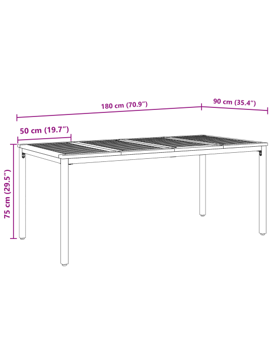 Puutarhapöytä 180x90x75 cm kiinteä akaasiapuu ja metalli